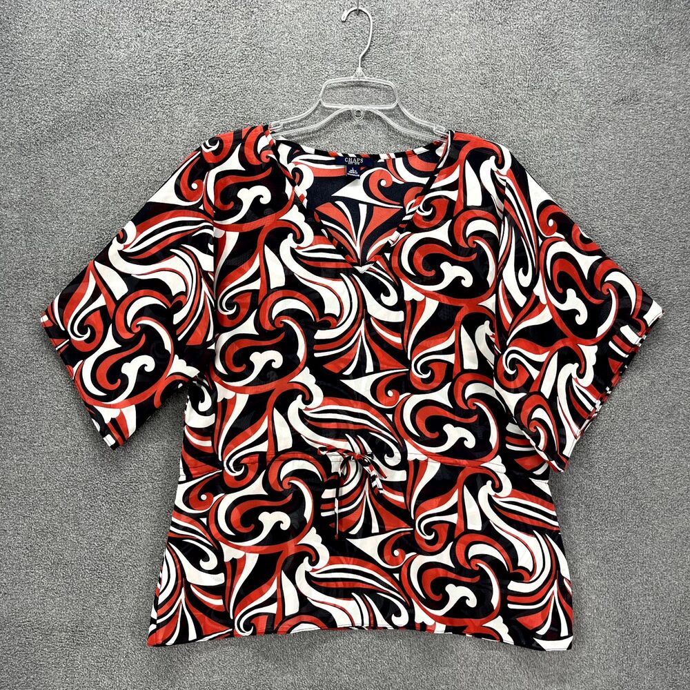 Chaps Top Womens Large Black Red White Short Sleeve Sheer V Neck‎ Blouse